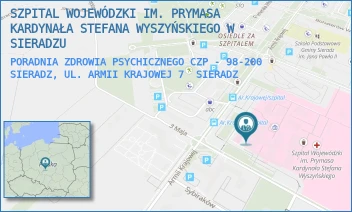 PORADNIA ZDROWIA PSYCHICZNEGO CZP - 98-200 SIERADZ, UL. ARMII KRAJOWEJ 7 - SZPITAL WOJEWÓDZKI IM. PRYMASA KARDYNAŁA STEFANA WYSZYŃSKIEGO W SIERADZU - UL. ARMII KRAJOWEJ 7,  SIERADZ