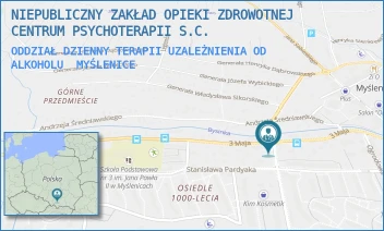 ODDZIAŁ DZIENNY TERAPII UZALEŻNIENIA OD ALKOHOLU - NIEPUBLICZNY ZAKŁAD OPIEKI ZDROWOTNEJ CENTRUM PSYCHOTERAPII S.C. - PPŁK. JANA DUNIN-BRZEZIŃSKIEGO 3,  MYŚLENICE