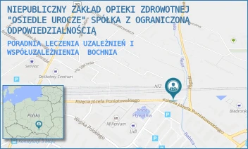 PORADNIA LECZENIA UZALEŻNIEŃ I WSPÓŁUZALEŻNIENIA - NIEPUBLICZNY ZAKŁAD OPIEKI ZDROWOTNEJ "OSIEDLE UROCZE" SPÓŁKA Z OGRANICZONĄ ODPOWIEDZIALNOŚCIĄ - KSIĘCIA JÓZEFA PONIATOWSKIEGO 25,  BOCHNIA