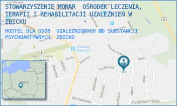 HOSTEL DLA OSÓB  UZALEŻNIONYCH OD SUBSTANCJI PSYCHOAKTYWNYCH - STOWARZYSZENIE MONAR  OŚRODEK LECZENIA, TERAPII I REHABILITACJI UZALEŻNIEŃ W ZBICKU - LEŚNA 2,  ZBICKO