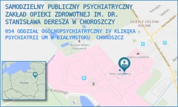 054 ODDZIAŁ OGÓLNOPSYCHIATRYCZNY IV KLINIKA PSYCHIATRII UM W BIAŁYMSTOKU - SAMODZIELNY PUBLICZNY PSYCHIATRYCZNY ZAKŁAD OPIEKI ZDROWOTNEJ IM. DR. STANISŁAWA DERESZA W CHOROSZCZY - PLAC DR ZYGMUNTA BRODOWICZA 1,  CHOROSZCZ