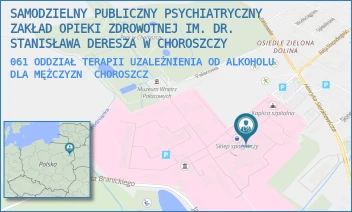 061 ODDZIAŁ TERAPII UZALEŻNIENIA OD ALKOHOLU DLA MĘŻCZYZN - SAMODZIELNY PUBLICZNY PSYCHIATRYCZNY ZAKŁAD OPIEKI ZDROWOTNEJ IM. DR. STANISŁAWA DERESZA W CHOROSZCZY - PLAC DR ZYGMUNTA BRODOWICZA 1,  CHOROSZCZ