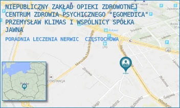 PORADNIA LECZENIA NERWIC - NIEPUBLICZNY ZAKŁAD OPIEKI ZDROWOTNEJ CENTRUM ZDROWIA PSYCHICZNEGO "EGOMEDICA" PRZEMYSŁAW KLIMAS I WSPÓLNICY SPÓŁKA JAWNA - ORKANA 139B,  CZĘSTOCHOWA