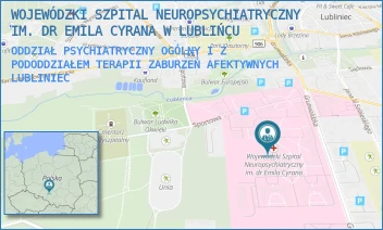 ODDZIAŁ PSYCHIATRYCZNY OGÓLNY I Z PODODDZIAŁEM TERAPII ZABURZEŃ AFEKTYWNYCH - WOJEWÓDZKI SZPITAL NEUROPSYCHIATRYCZNY IM. DR EMILA CYRANA W LUBLIŃCU - UL. GRUNWALDZKA 48,  LUBLINIEC