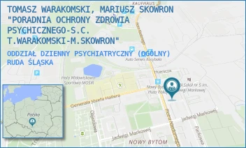 ODDZIAŁ DZIENNY PSYCHIATRYCZNY (OGÓLNY) - TOMASZ WARAKOMSKI, MARIUSZ SKOWRON "PORADNIA OCHRONY ZDROWIA PSYCHICZNEGO-S.C. T.WARAKOMSKI-M.SKOWRON" - PIOTRA NIEDURNEGO 50 D,  RUDA ŚLĄSKA