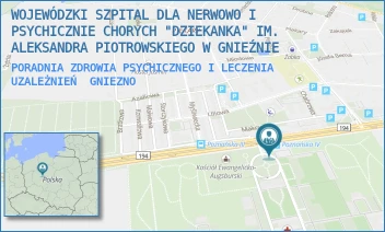 PORADNIA ZDROWIA PSYCHICZNEGO I LECZENIA UZALEŻNIEŃ - WOJEWÓDZKI SZPITAL DLA NERWOWO I PSYCHICZNIE CHORYCH "DZIEKANKA" IM. ALEKSANDRA PIOTROWSKIEGO W GNIEŹNIE - POZNAŃSKA 15,  GNIEZNO